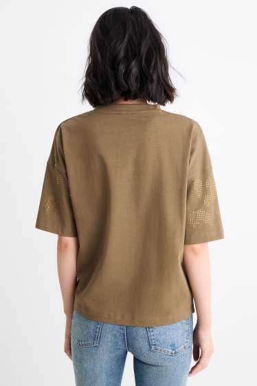 Femmes - T-shirt orné de strass - regular fit - vert