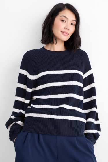 Women - Jumper - ribbed - striped - dark blue