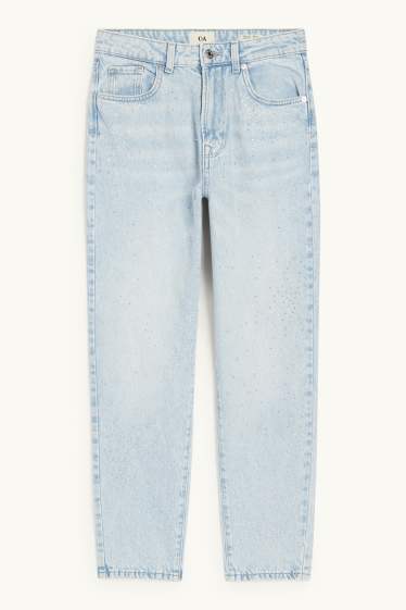 Women - Mom jeans with rhinestones - high waist - denim-light blue