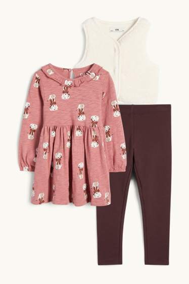 Children Girls - Dog - set - dress, waistcoat and leggings - 3 piece - dark rose