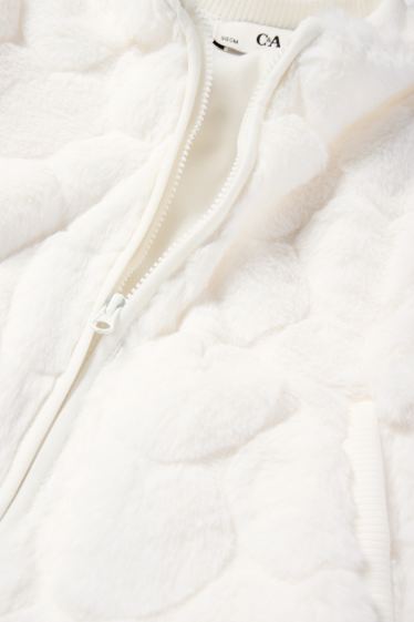 Děti - dívky - Motivy srdíček - blouson z umělé kožešiny - bílá