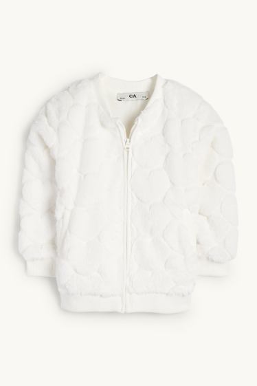 Děti - dívky - Motivy srdíček - blouson z umělé kožešiny - bílá