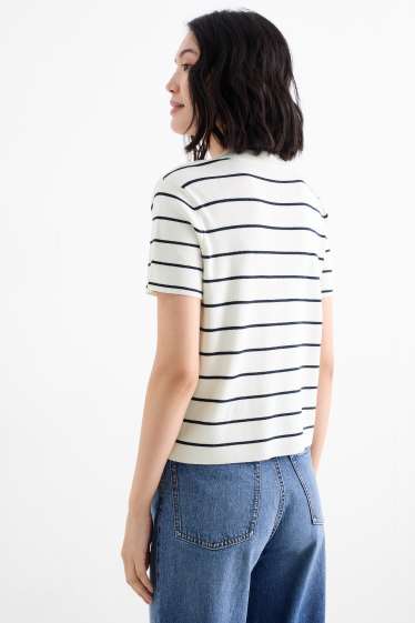 Femei - Pulover tricotat - mânecă scurtă - cu dungi - albastru închis / alb-crem