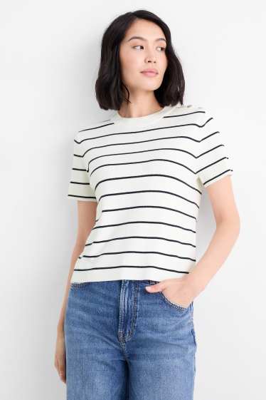 Femei - Pulover tricotat - mânecă scurtă - cu dungi - albastru închis / alb-crem