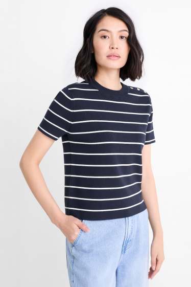 Dámské - Pletený svetr - s krátkým rukávem - pruhovaný - tmavomodrá