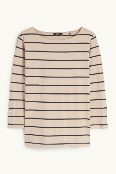 Dámské - Tričko s dlouhým rukávem - pruhované - světle béžová