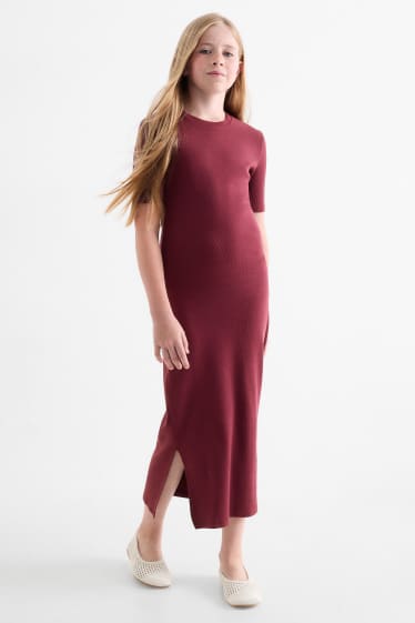 Enfants filles - Robe-T-shirt - finition côtelée - bordeaux