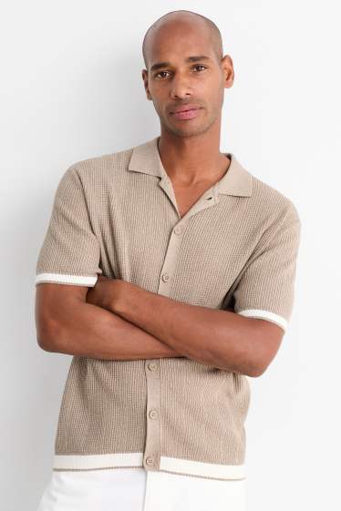 Hommes - Chemise en maille - regular fit - col kent - finition côtelée - beige
