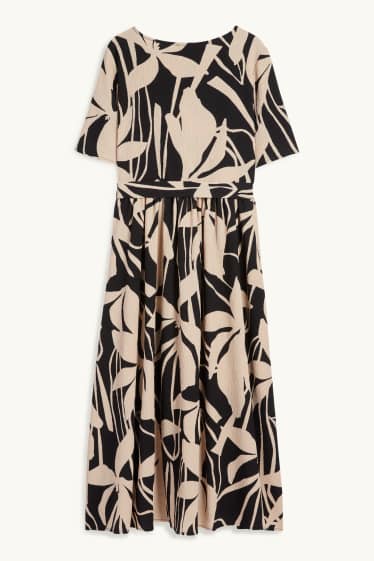 Women - Fit & flare dress with belt - floral - textured - black / beige