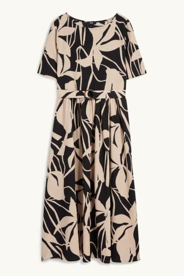 Women - Fit & flare dress with belt - floral - textured - black / beige