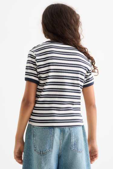 Enfants filles - T-shirt - finition côtelée - à rayures - bleu foncé