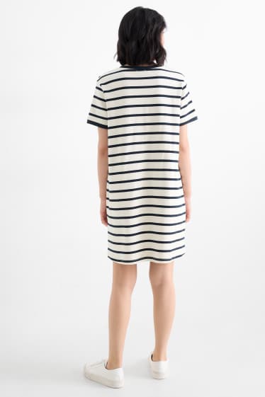 Dames - T-shirt-jurk - gestreept - donkerblauw / crème wit