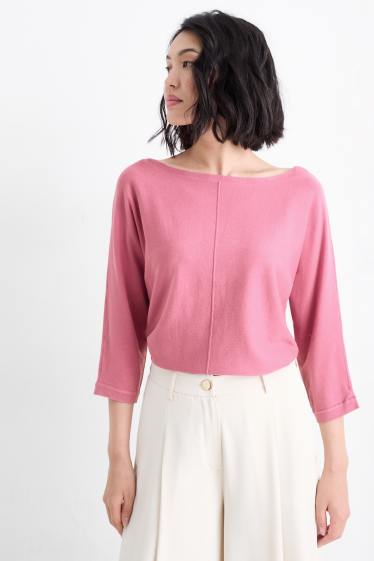 Femei - Pulover din tricot fin - roz închis