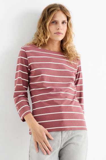 Women - Long sleeve top - striped - dark rose