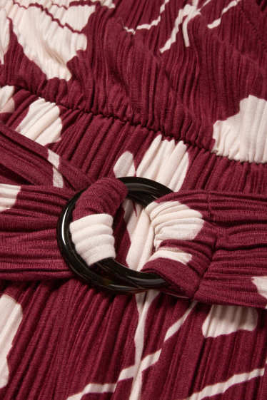 Women - Pleated wrap dress with belt - floral - bordeaux