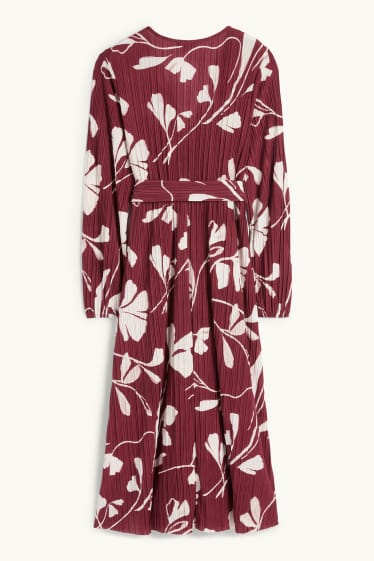 Women - Pleated wrap dress with belt - floral - bordeaux