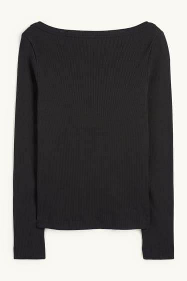 Dámské - Tričko s dlouhým rukávem - slim fit - žebrované - černá