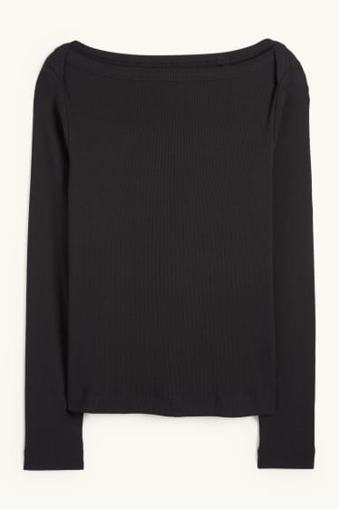 Dámské - Tričko s dlouhým rukávem - slim fit - žebrované - černá