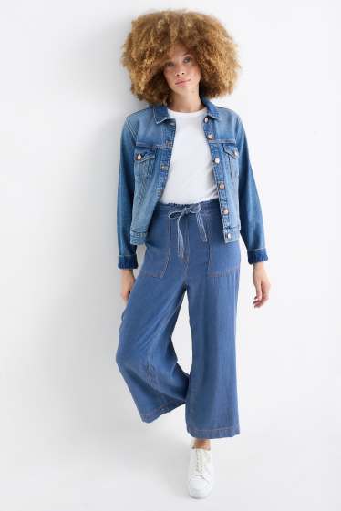 Femmes - Pantalon de toile - high waist - wide leg - aspect jean - jean bleu foncé