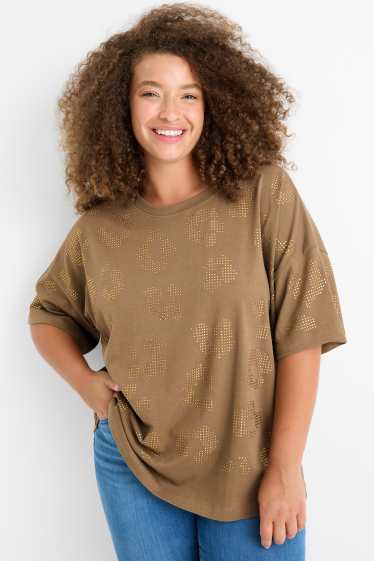 Femmes - T-shirt orné de strass - regular fit - kaki