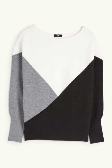 Damen - Pullover - gerippt - schwarz / weiß