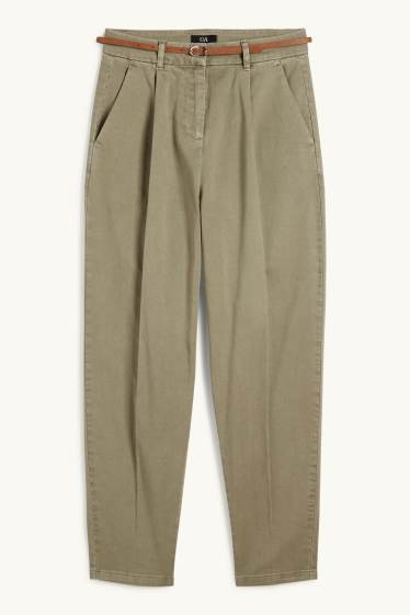 Damen - Stoffhose mit Gürtel - High Waist - Barrel Leg - khaki
