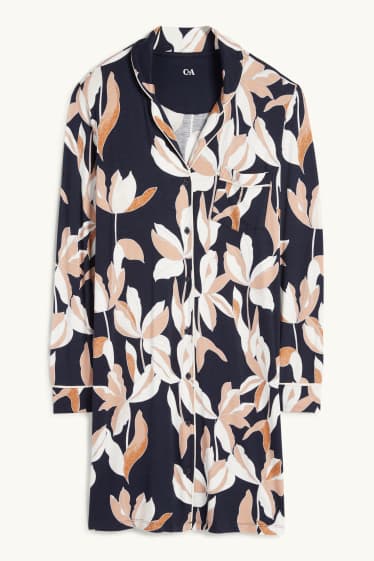 Dámské - Viskózová noční košile - s květinovým vzorem - tmavomodrá