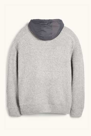 Herren - Strickjacke mit Kapuze - gefüttert - strukturiert - hellgrau