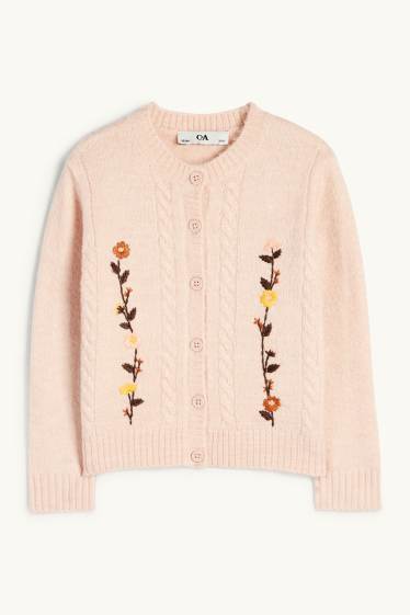 Enfants filles - Fleurs - gilet en maille - rose