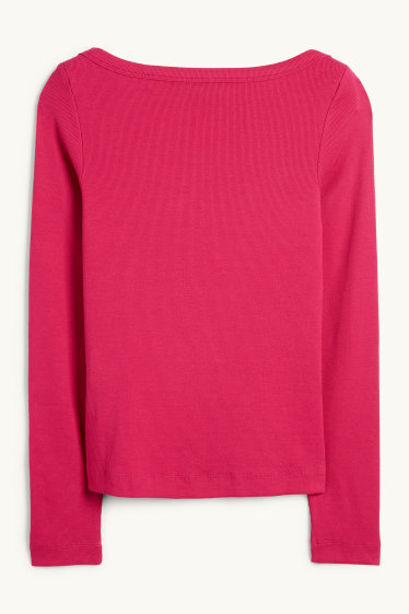 Dámské - Tričko s dlouhým rukávem - slim fit - žebrované - růžová