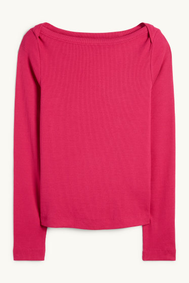 Dámské - Tričko s dlouhým rukávem - slim fit - žebrované - růžová