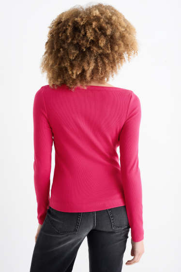 Dámské - Tričko s dlouhým rukávem - slim fit - žebrované - růžová
