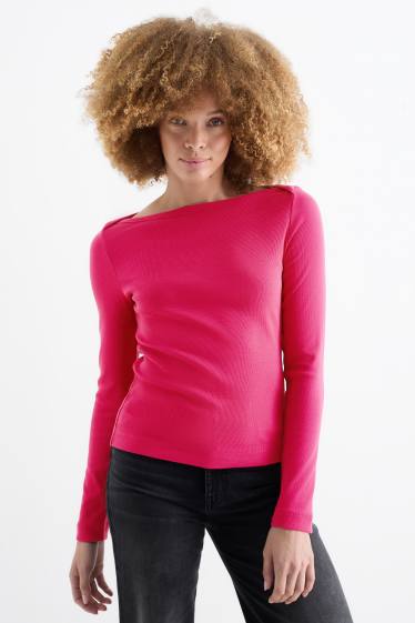 Dámské - Tričko s dlouhým rukávem - slim fit - žebrované - růžová