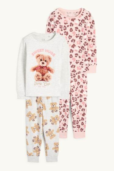 Enfants filles - Lot de 2 - peluche - pyjamas - 4 pièces - gris / rose