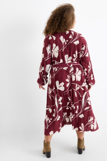 Women - Pleated wrap dress with belt - floral - bordeaux