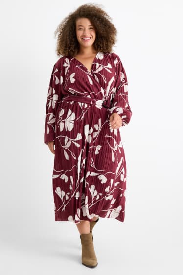 Women - Pleated wrap dress with belt - floral - bordeaux