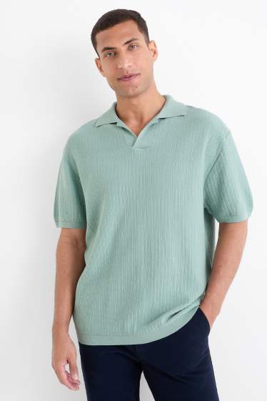 Men - Knitted polo shirt - relaxed fit - textured - turquoise