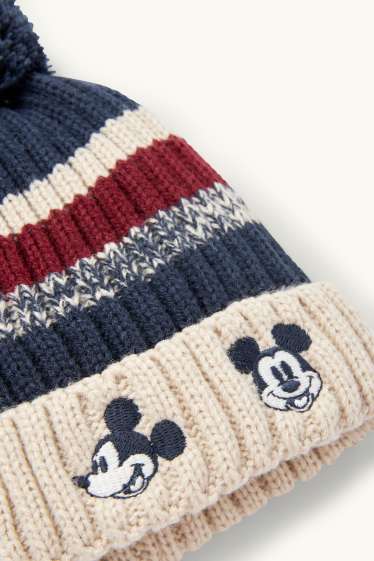 Bébés garçons - Mickey Mouse - bonnet à pompons pour bébé - finition côtelée - à rayures - bleu foncé