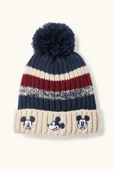 Bébés garçons - Mickey Mouse - bonnet à pompons pour bébé - finition côtelée - à rayures - bleu foncé