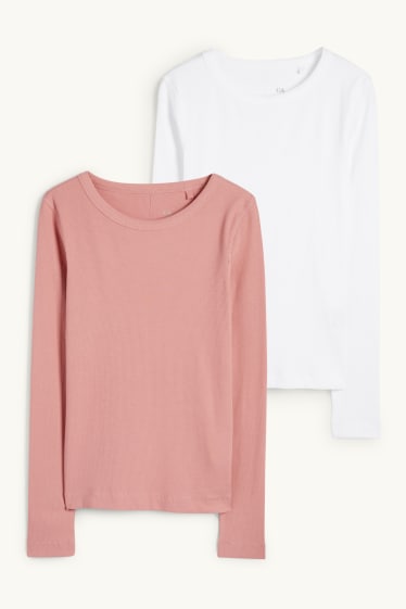 Femmes - Lot de 2 - haut à manches longues - slim fit - finition côtelée - rose foncé