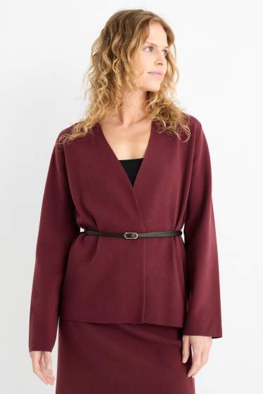 Women - Cardigan with belt - dark red