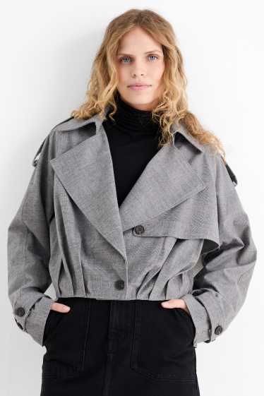 Dames - Korte trenchcoat - geruit - grijs