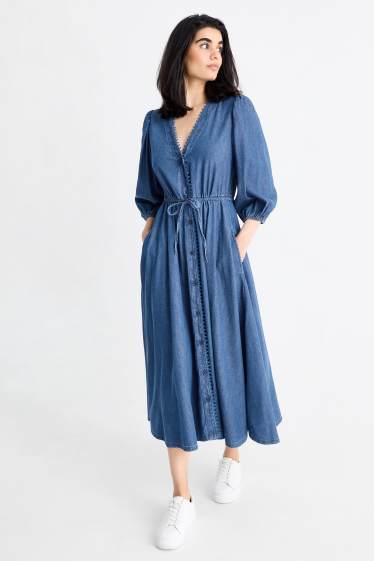 Women - V-neck denim dress - dark blue