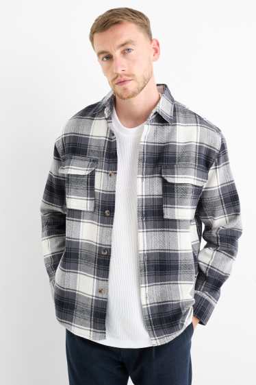 Heren - Flanellen overhemd - relaxed fit - kent - geruit - donkerblauw