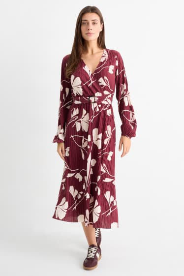 Women - Pleated wrap dress with belt - floral - bordeaux