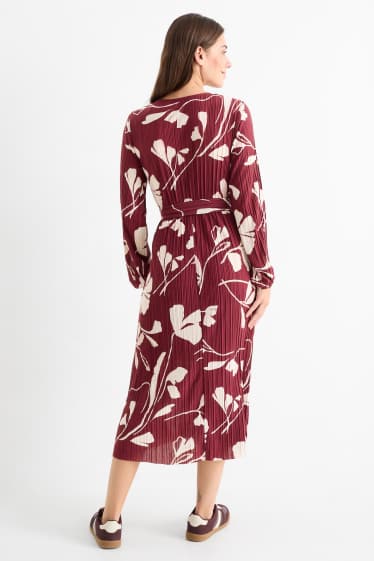 Women - Pleated wrap dress with belt - floral - bordeaux