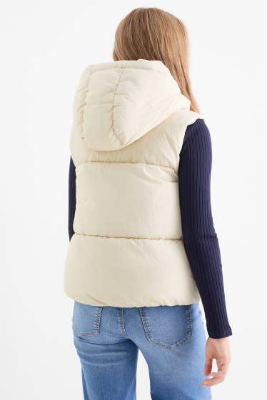 Děti - dívky - Prošívaná vesta s kapucí - z vodoodpudivého materiálu - krémově bílá