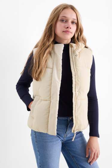 Děti - dívky - Prošívaná vesta s kapucí - z vodoodpudivého materiálu - krémově bílá