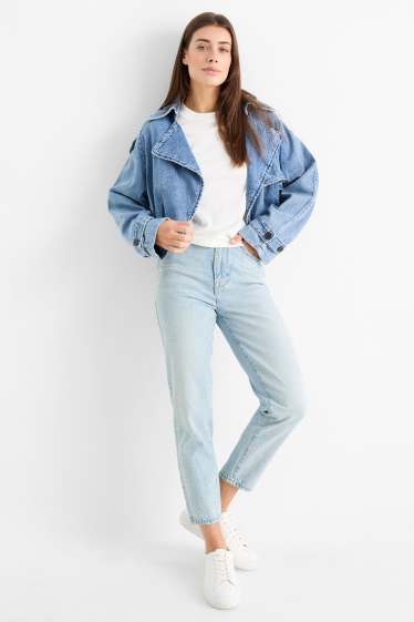 Women - Mom jeans with rhinestones - high waist - denim-light blue