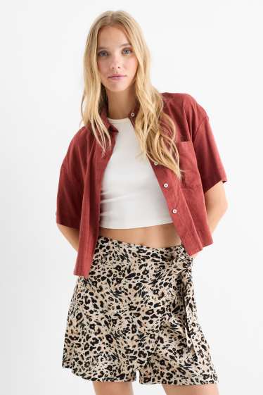 Damen - Skort mit Leinen-Anteil - Leo-Print - schwarz / beige